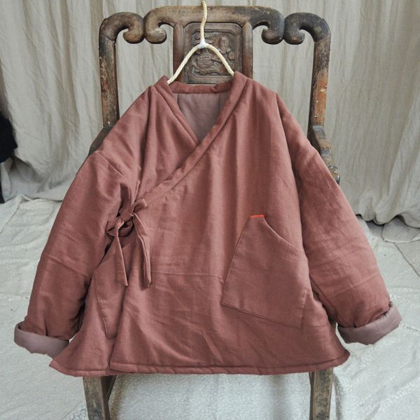 燕燕～秋冬款 V領繫帶棉服手縫線保暖文藝復古禪意氣質棉外套 