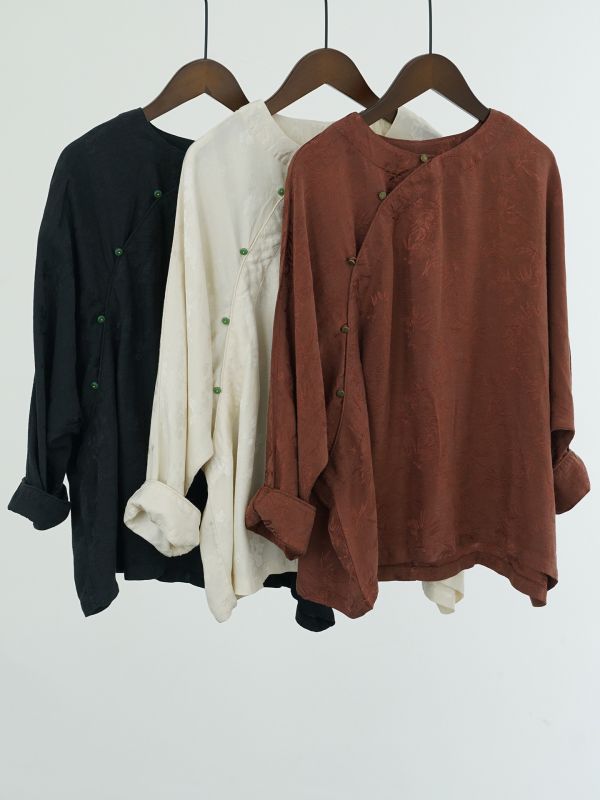 燕燕~天絲提花~廓形蝙蝠袖襯衫 中國式斜襟珠扣茶服上衣。 ab2421301 