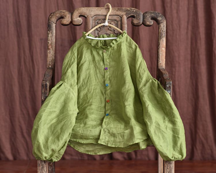 燕燕~棉麻商品~春夏款 輕薄透苧麻 燈籠袖荷葉圓領襯衫 長袖棉麻衫 