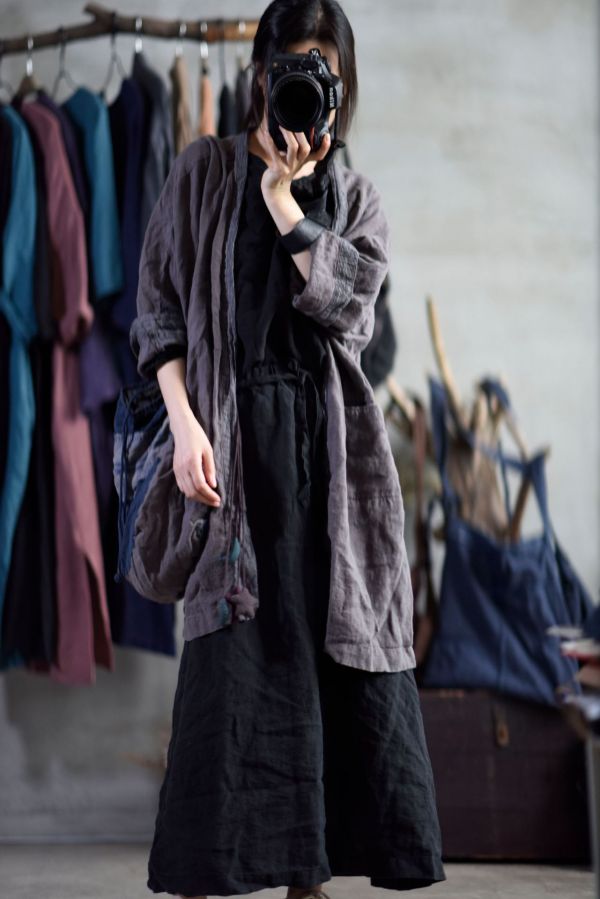 燕燕~棉麻商品~亞麻材質 水洗做舊口袋線跡鬆緊帶繫帶長裙 