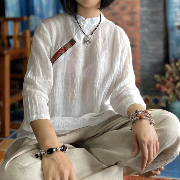 燕燕~純苧麻~水洗貼花布盤扣小衫  上衣。棉麻衫。 ab152501 