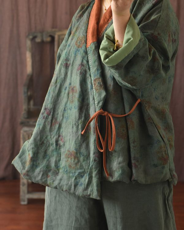 燕燕~棉麻商品~亞麻材質 印花 繫帶夾棉短棉襖 棉衣外套 