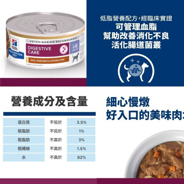希爾思犬用處方罐頭5.5盎司 犬i/d 雞肉蔬菜罐頭 犬i/d 低脂-雞肉燉蔬菜罐頭 希爾思犬罐頭、i/d低脂、狗腸胃罐頭推薦、犬用處方罐頭、狗消化道飼料、犬胰臟炎飼料、希爾思消化配方、希爾思ID罐頭、Hill’s i/d dog canned food、希爾思犬腸胃處方