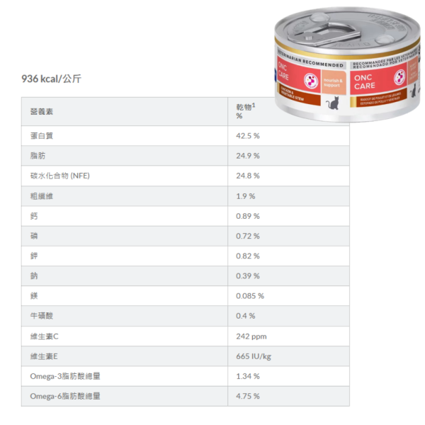 希爾思 貓處方 腫瘤營養照護 貓用2.9oz 營養補給罐頭 貓處方 腫瘤營養照護7磅 希爾思腫瘤處方飼料

貓腫瘤營養照護

ONC Care 貓飼料

腫瘤貓乾糧推薦

貓營養補給罐頭

希爾思onc處方

貓營養支持飼料

虛弱貓補充營養

腫瘤處方乾糧＋罐頭

希爾思處方罐頭2.9oz