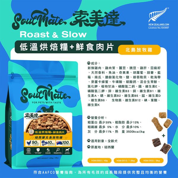 【索美達 Soulmate 】 犬用烘焙糧+鮮食肉片 1.8kg｜低溫烘焙 狗飼料 主食糧 牛羊 雞肉 深海魚 狗飼料推薦、低溫烘焙犬糧、紐西蘭狗飼料、無穀狗糧、天然狗糧推薦、Soulmate 狗飼料、犬主食糧 1.8kg、牛羊狗飼料、雞肉狗飼料、深海魚狗飼料、AAFCO 認證狗糧、鮮肉片狗糧