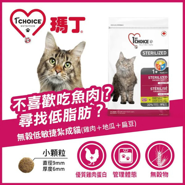 瑪丁 貓飼料  5KG 成貓無穀低敏結紮配方 瑪丁貓飼料、1st Choice 貓飼料、結紮貓飼料、無穀貓飼料、低敏貓飼料、成貓飼料推薦、低卡貓飼料、控制體重貓飼料、腸胃保健貓飼料、泌尿道保健貓飼料、雞肉無穀貓飼料、結紮貓控制體重