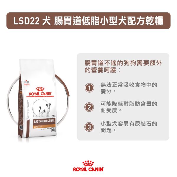 皇家【犬】腸胃道低脂小型犬配方乾糧 LSD22犬腸胃道低脂小型犬3.5kg / 1.5kg 狗狗胰臟炎吃什麼飼料

小型犬下痢飼料推薦

狗狗低脂處方飼料推薦

狗狗腸胃不適吃什麼

Royal Canin 小型犬低脂飼料

狗狗慢性腹瀉飼料

狗狗腸胃炎處方飼料

狗狗消化不良吃什麼飼料

狗狗營養不良飼料建議