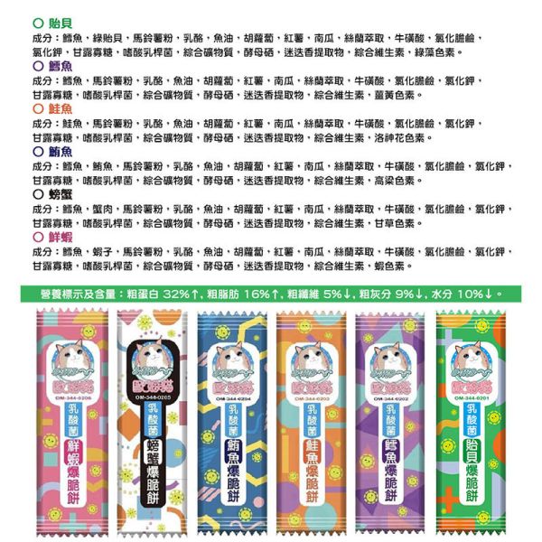 【歐姆貓 OMO】 乳酸菌爆脆餅 20g｜螃蟹 鮮蝦 鮭魚 鮪魚 鱈魚 貽貝｜全齡貓零食點心推薦 貓零食、乳酸菌貓餅乾、歐姆貓爆脆餅、貓咪零食推薦、螃蟹貓零食、鮮蝦貓零食、鮭魚貓零食、鮪魚貓零食、鱈魚貓零食、貽貝貓零食、腸胃保健貓零食、貓咪乳酸菌點心