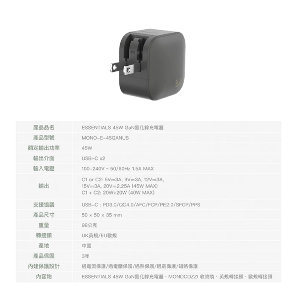 MONOCOZZI 45W GaN 氮化鎵 2孔 2C QC PD 快充 充電頭 充電器 適 iPhone 16 15 14 s25 
