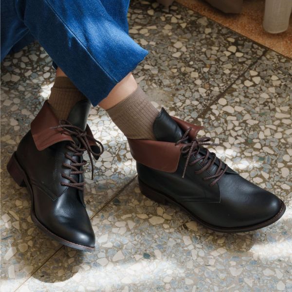 【接單手工製】寬腳版友善!全真皮2WAY反摺綁帶短靴 