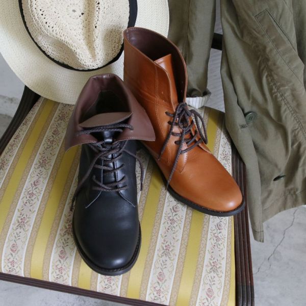 【接單手工製】寬腳版友善!全真皮2WAY反摺綁帶短靴 