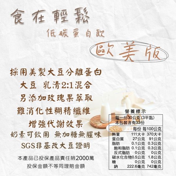 歐美版 食在輕鬆低碳蛋白飲 乳清混大豆蛋白 全歐美素材版（8包贈鈣錠 10包贈DK 限宅配  送完為止） 
